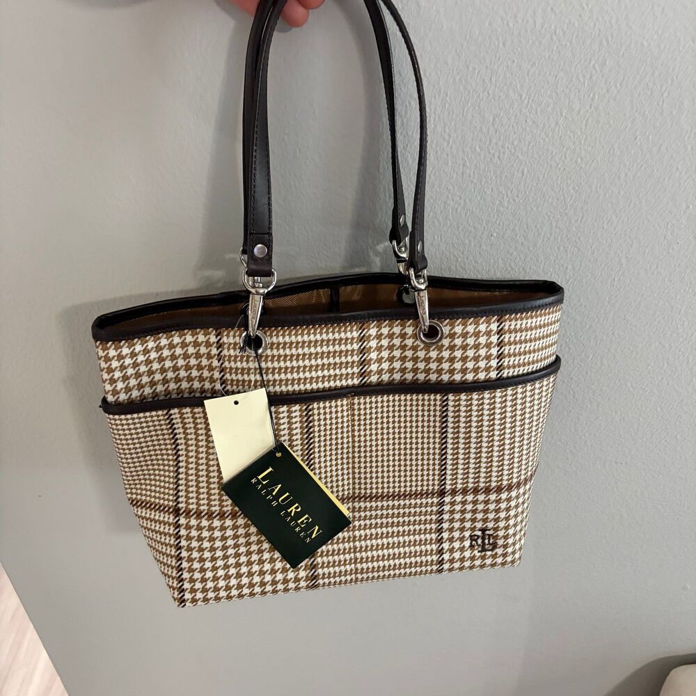 NEW Vintage Y2K Lauren Ralph Lauren Plaid Houndstooth Tote Bag Brown